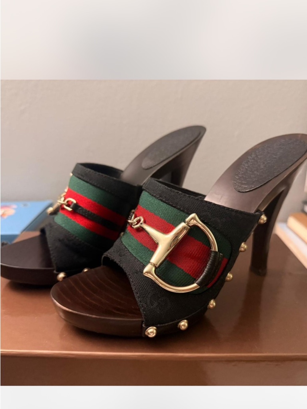 Gucci Black Slide Mules with Green and Red Web Stripe and Gold Buckle